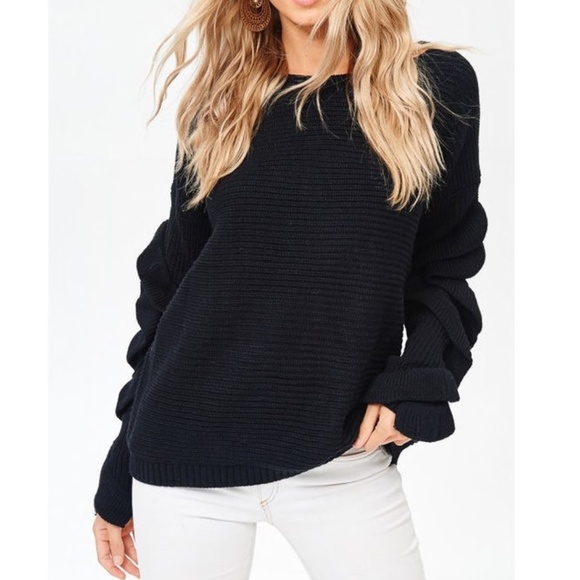 Black Ruffle Sleeve Ribbed Sweater Pullover - Picture 3 of 7